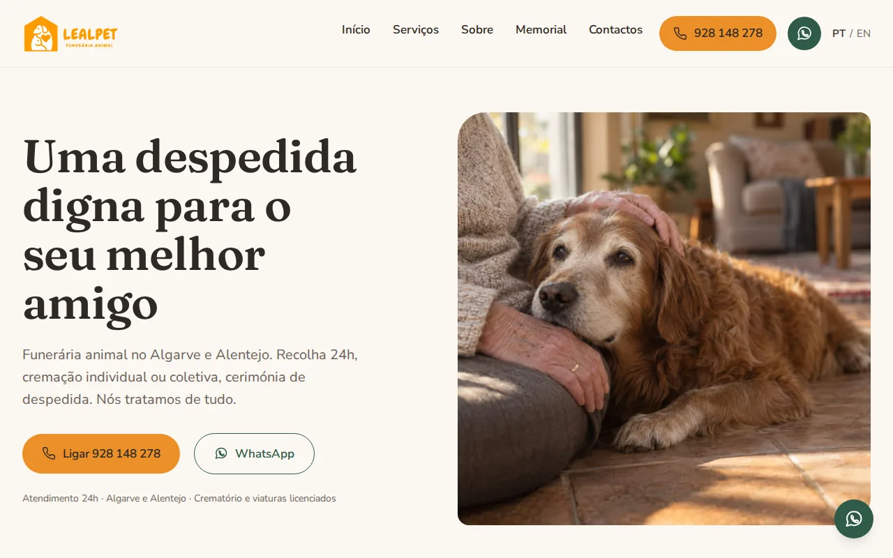 Página inicial do site da Lealpet, funerária animal no Algarve e Alentejo